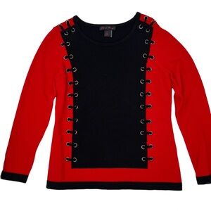 Elena Wang Red Black Lace Up Grommet Colorblock Knit Top Size Large Rockabilly